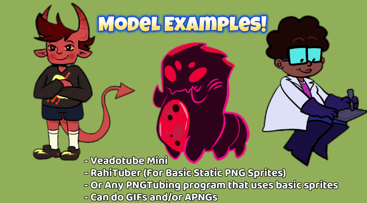 Three character examples of Basic PNG Sprite models, some usually static, others with a basic 2-3 frame animations. From the characters left to right, we have a demon dude wearing a lemon tee shirt, a red-ping talking grub, and Roger in his lab coat drawin